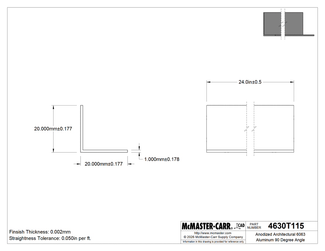 Technical Drawing of Anodized Architectural 6063 Aluminum 90 Degree Angle, 1 mm Wall Thickness, 20 mm High x 20 mm Wide Outside, 2' Long.